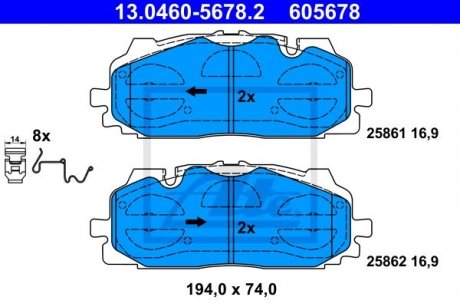 Гальмівні колодки дискові перед. Audi A4, A4 Allroad, A5, A8, Q5, Q7 Bentley Bentayga Vw Touareg 1.4-6.0 01.15- ATE 13.0460-5678.2