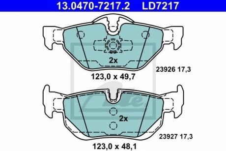 Гальмівні колодки дискові задні BMW 3 (E90/E90N) 320d 05-/X1 (E84) 09- ATE 13.0470-7217.2