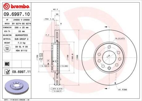 Гальмівний диск пер./зад. Vectra 96- (288x25) BREMBO 09.6997.11