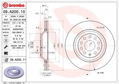 Диск тормозной BREMBO 09.A200.11