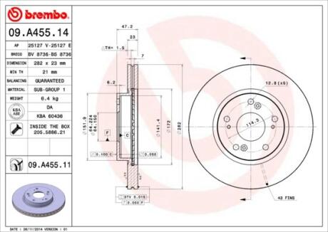 Гальмівний диск пер. Civic VIII/IX/X 06- (282x47mm) BREMBO 09.A455.11