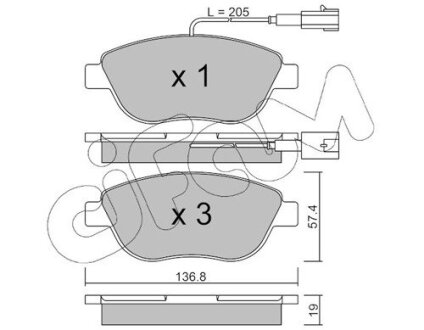 Тормозные колодки пер. Berlingo/Partner 01-/Doblo 03- (137x57.3x19)(с датчиком) CIFAM 822-322-0
