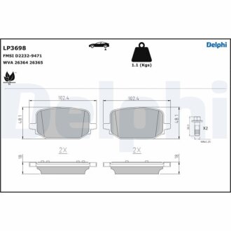 Комплект гальмівних колодок, дискове гальмо Delphi LP3698