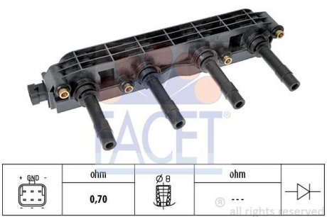 Катушка зажигания Astra G/Combo/Vectra B/C /Zafira A 1.6 95- FACET 9.6299