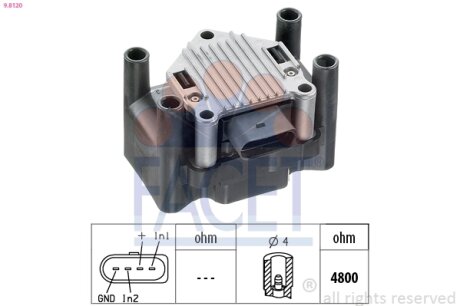 Котушка запалювання Audi A3 (-13), A4 (08-)/Skoda Fabia, Octavia (-15)/VW Golf, Bora (-13) (9.8120) FACET 98120