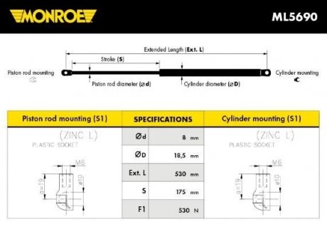 Газова пружина, кришка багажника MONROE ML5690