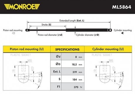 Газова пружина, кришка багажника MONROE ML5864