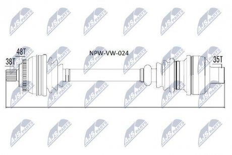 Піввісь права VW Sharan, Ford Galaxy Seat Alhambra 1.8TDCI-2.8 95- L:582.5/A:38/K:35/ABS:48 Nty NPW-VW-024