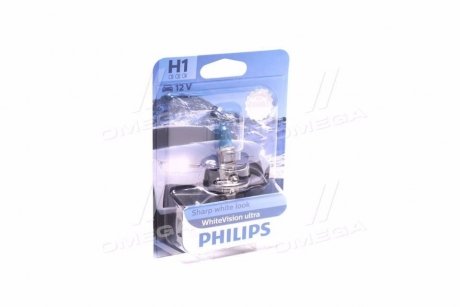 Лампа розжарювання H1 WhiteVision ultra 12V 55W P14,5s (+60) (3700K) blister (вир-во) PHILIPS 12258WVUB1