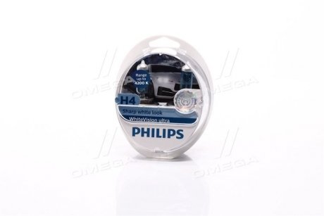 Лампа розжарювання H4 12V 60/55W WhiteVision ULTRA +60 (4200K) (компл) PHILIPS 12342WVUSM