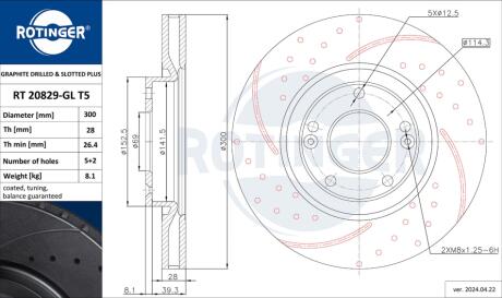 Диск тормозной вентилируемый графитовый (кратно 2) HYUNDAI I30 [300X47] Rotinger RT 20829-GL/T5