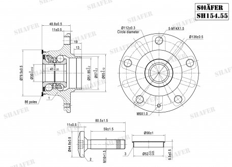 Ступиця зад. ABS+ Audi A3 Skoda Octavia III VW Golf Plus, Golf Sportsvan, Golf V, Golf VI, Golf VII, Jetta IV 1.0-Electric 05.03- SHAFER SH154.55K