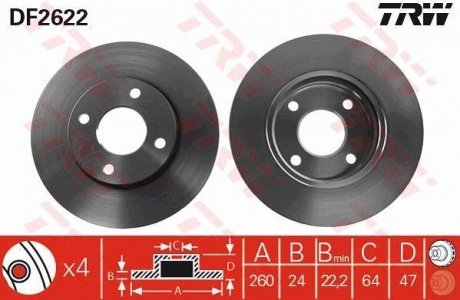 Диск тормозной (1 шт.) FORD (Europe) Cougar/Mondeo/Mondeo Estate/Wagon/Scorpio TRW DF2622 (фото 1)