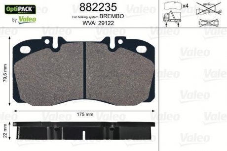 Тормозные колодки, WVA29122; 175x79, 5x22, без датчика износа Valeo 882235 (фото 1)